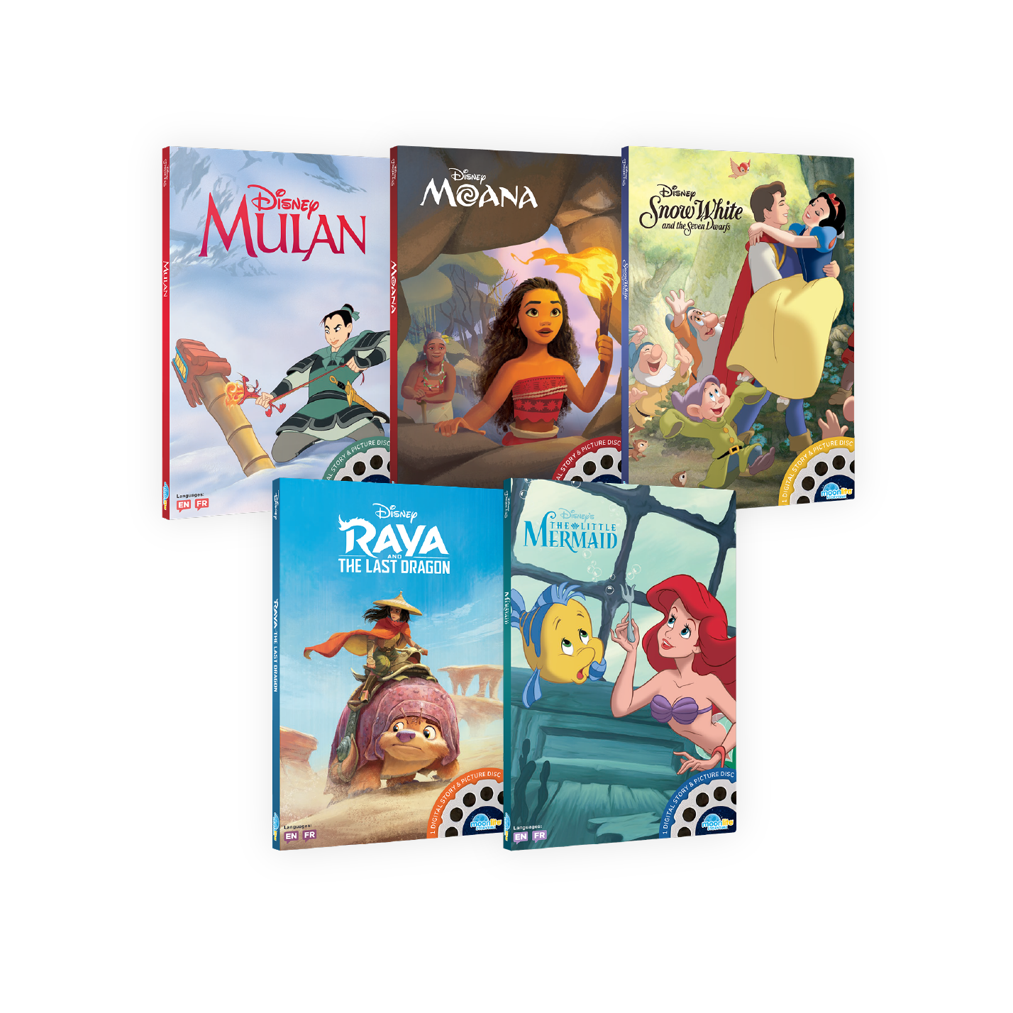 Collection of Disney Moonlite Single Stories, including Mulan, Moana, Snow White, Raya, and The Little Mermaid