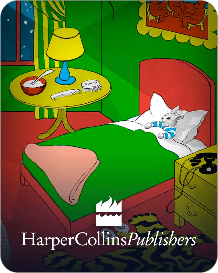 Cartoon-style bedroom scene with a bunny in bed, nightstand, and lamp, featuring HarperCollinsPublishers logo.