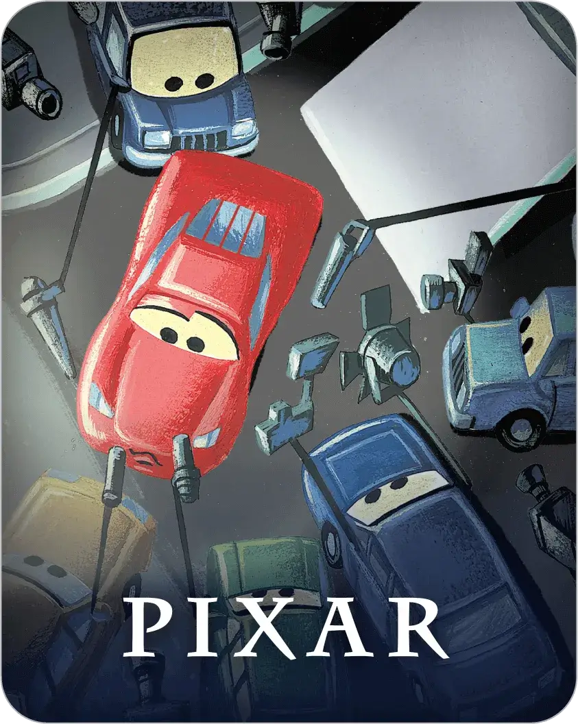 Red car character from Pixar movies surrounded by small cars and tools on a dark background with 'Pixar' branding.