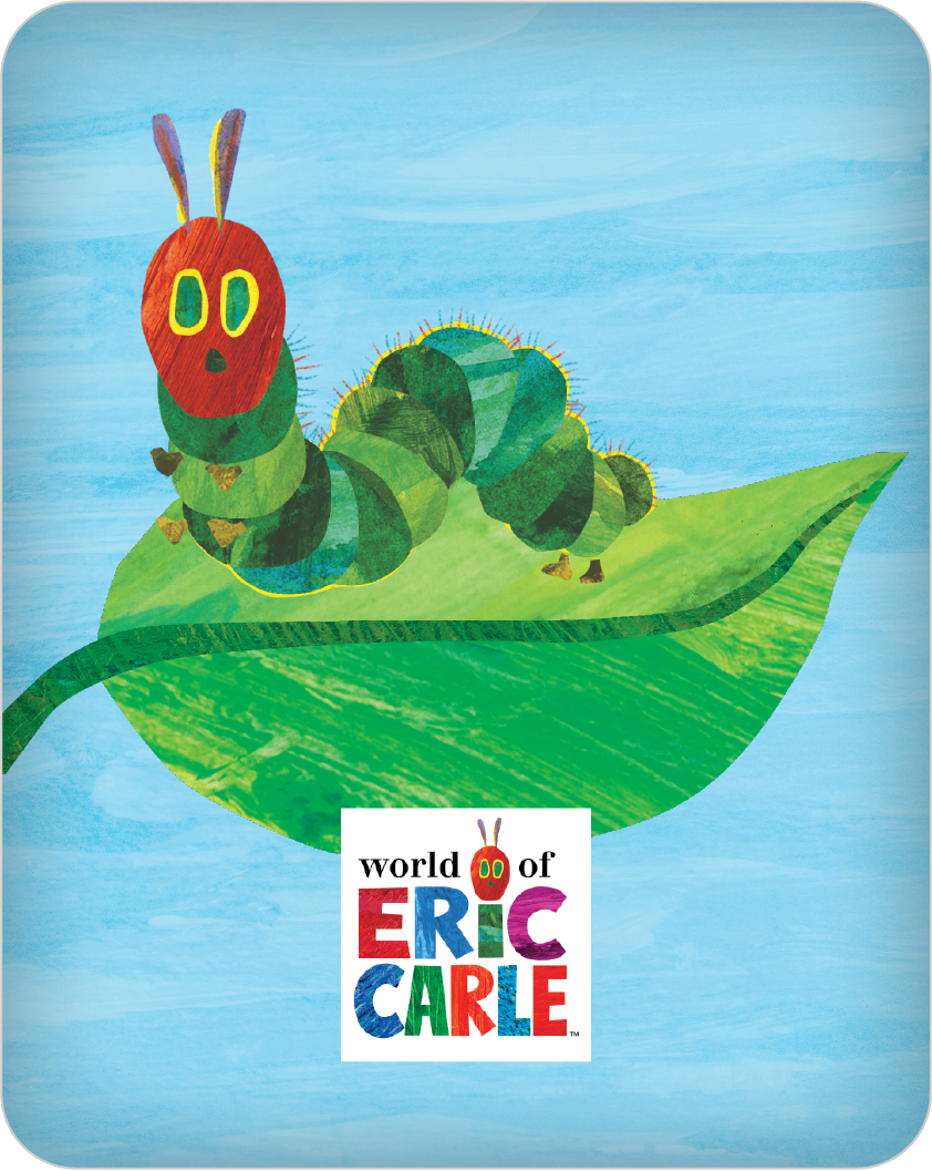 Colorful caterpillar on a leaf with 'World of Eric Carle' logo on a blue background