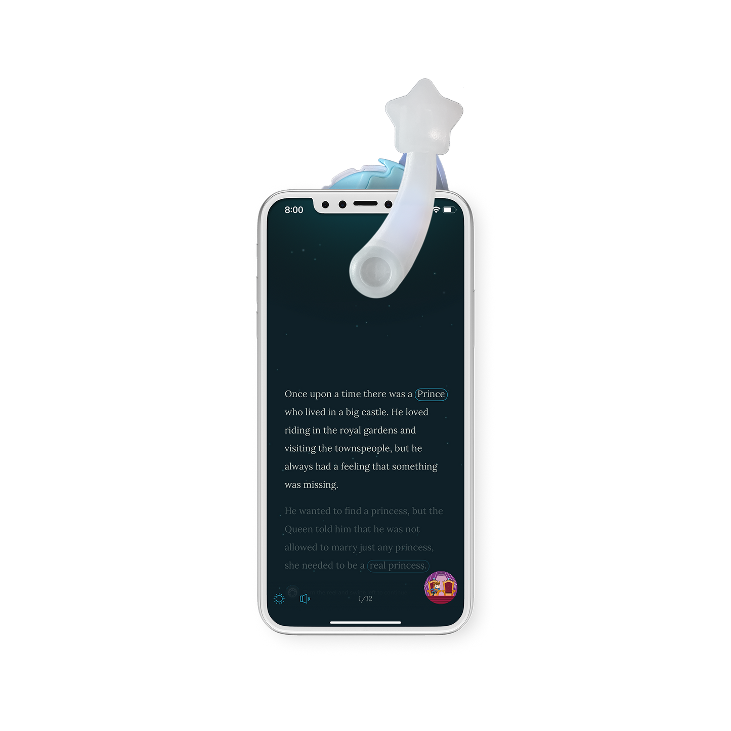 Phone displaying the Moonlite Storytime App story screen.