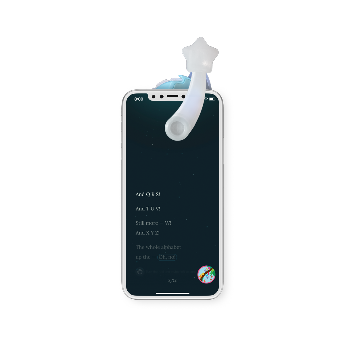 Phone displaying the Moonlite Storytime App story screen.