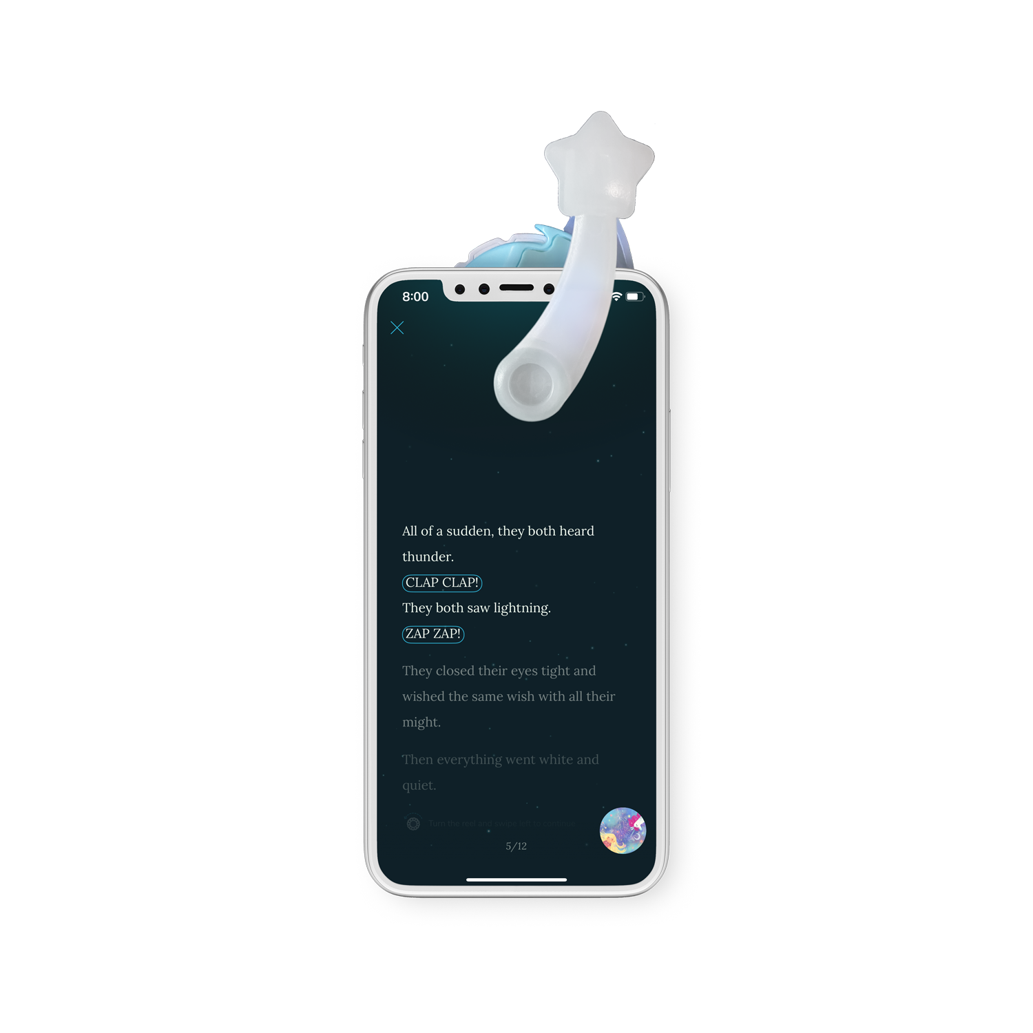 Phone displaying the Moonlite Storytime App story screen.