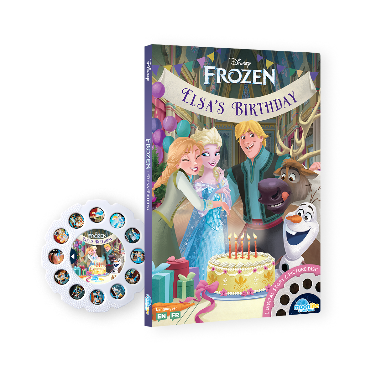 Disney Frozen Elsa's Birthday Moonlite Single Story featuring animated characters Elsa, Anna, and Olaf from the movie Frozen, celebrating a birthday party.