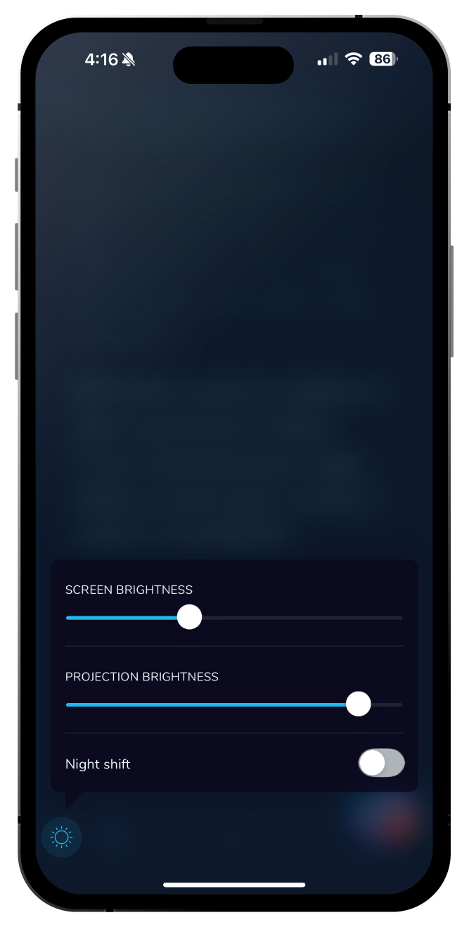 Smartphone screen with display settings including brightness controls and night shift toggle.