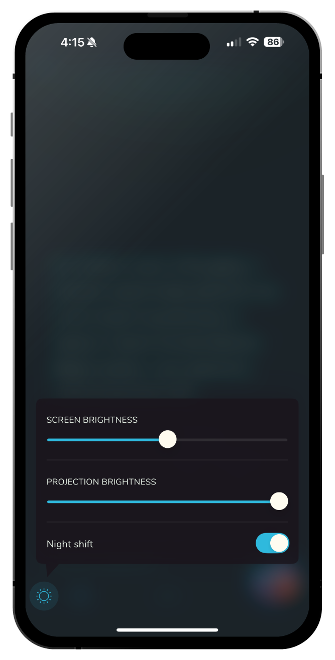 Smartphone screen displaying brightness control settings with a dark mode interface.