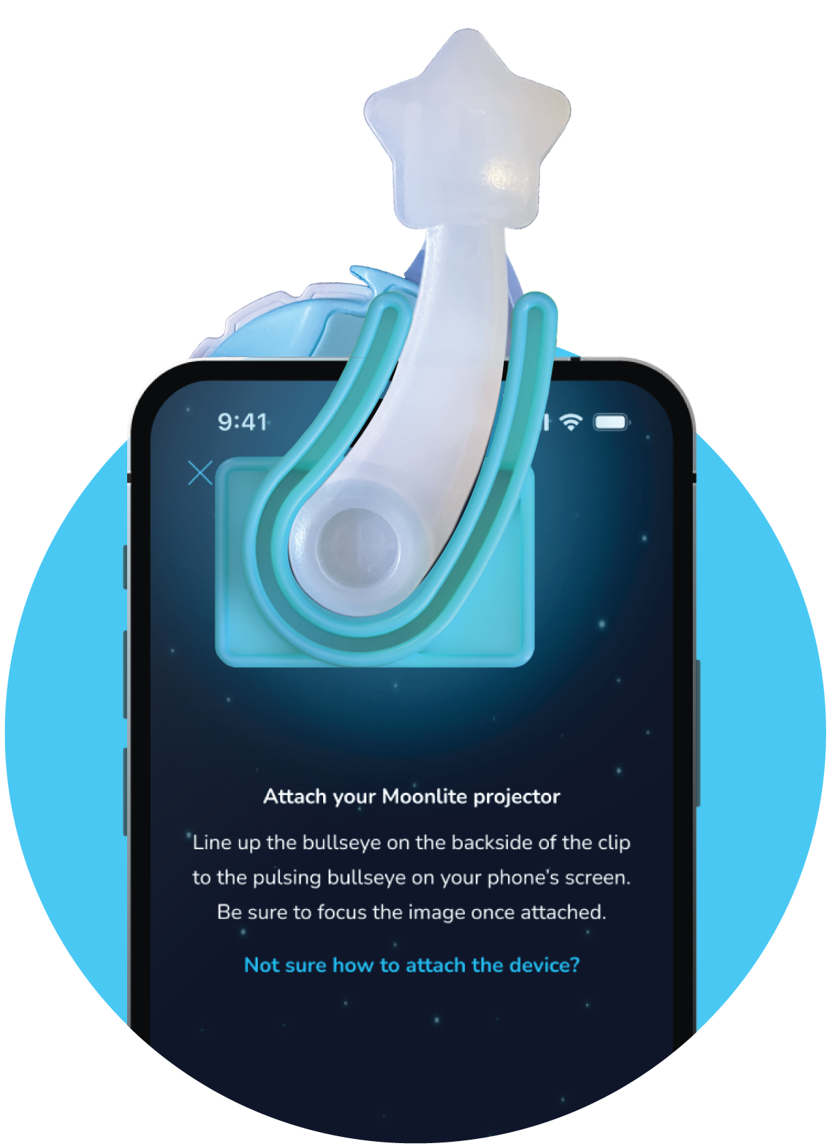 Moonlite projector attachment on a smartphone screen with text instructions.