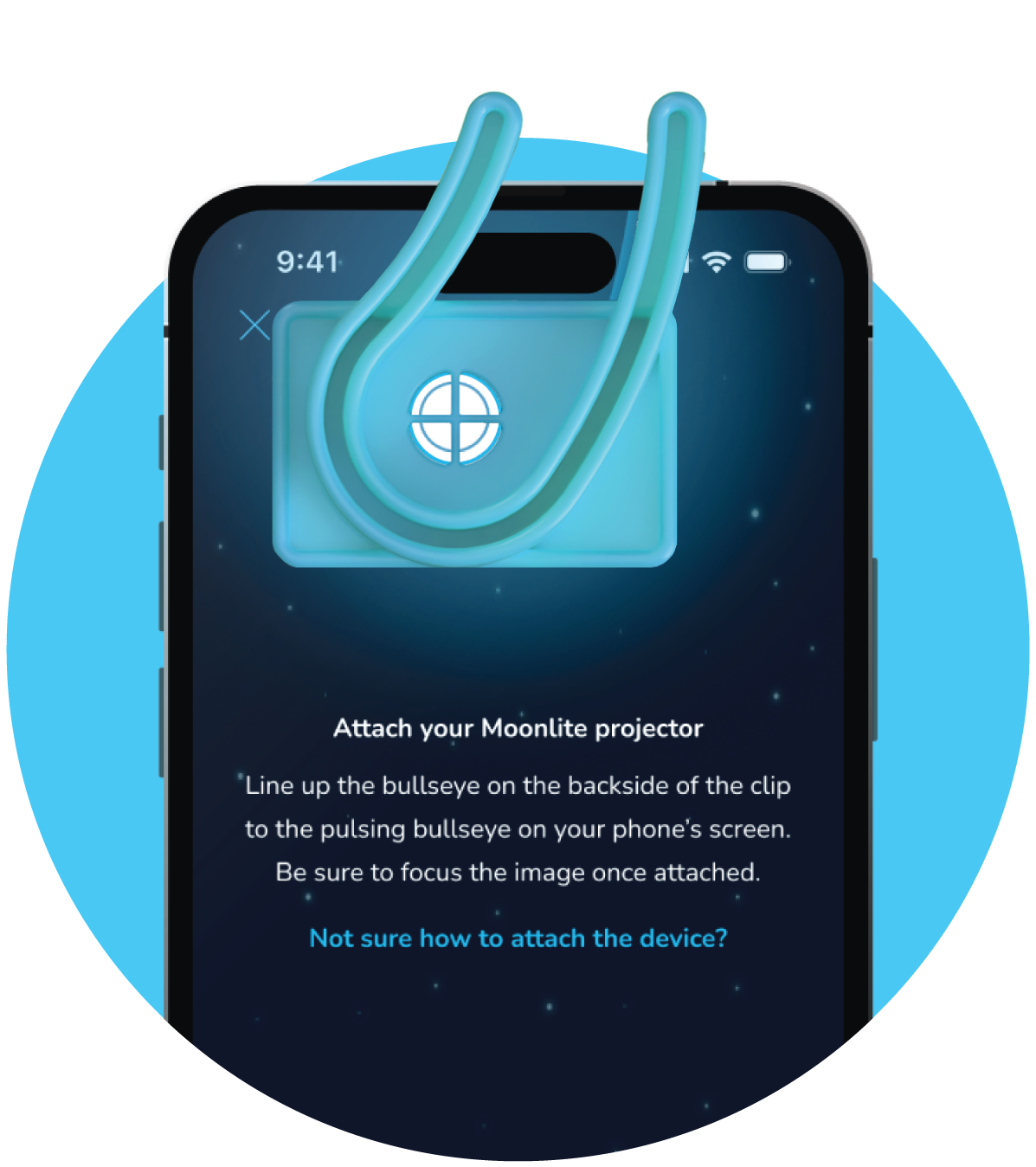 Phone screen displaying instructions for attaching a Moonlite projector clip.