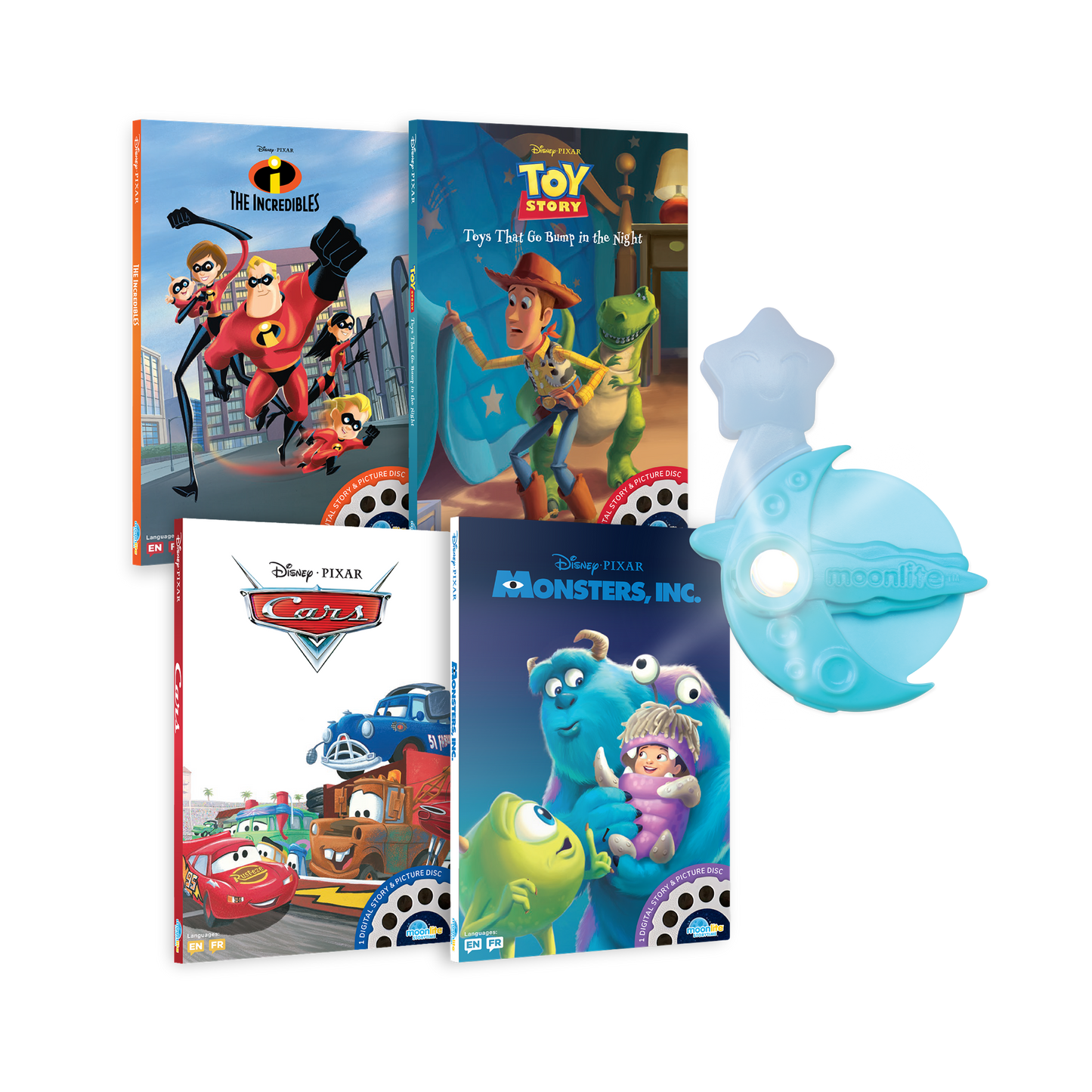 4-Story set of Disney Pixar Moonlite Single Stories. Moonlite Projector included.