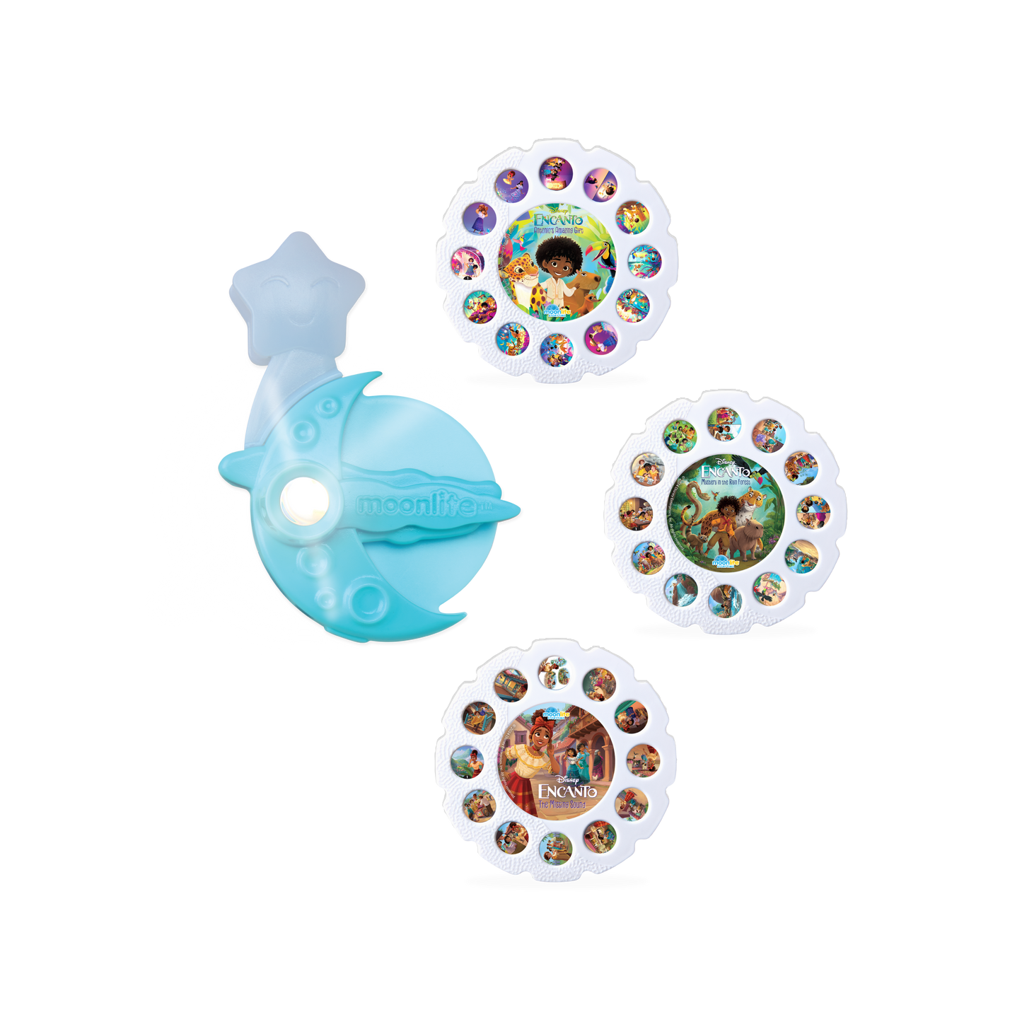 Three Encanto picture discs with the Moonlite Storytime Projector