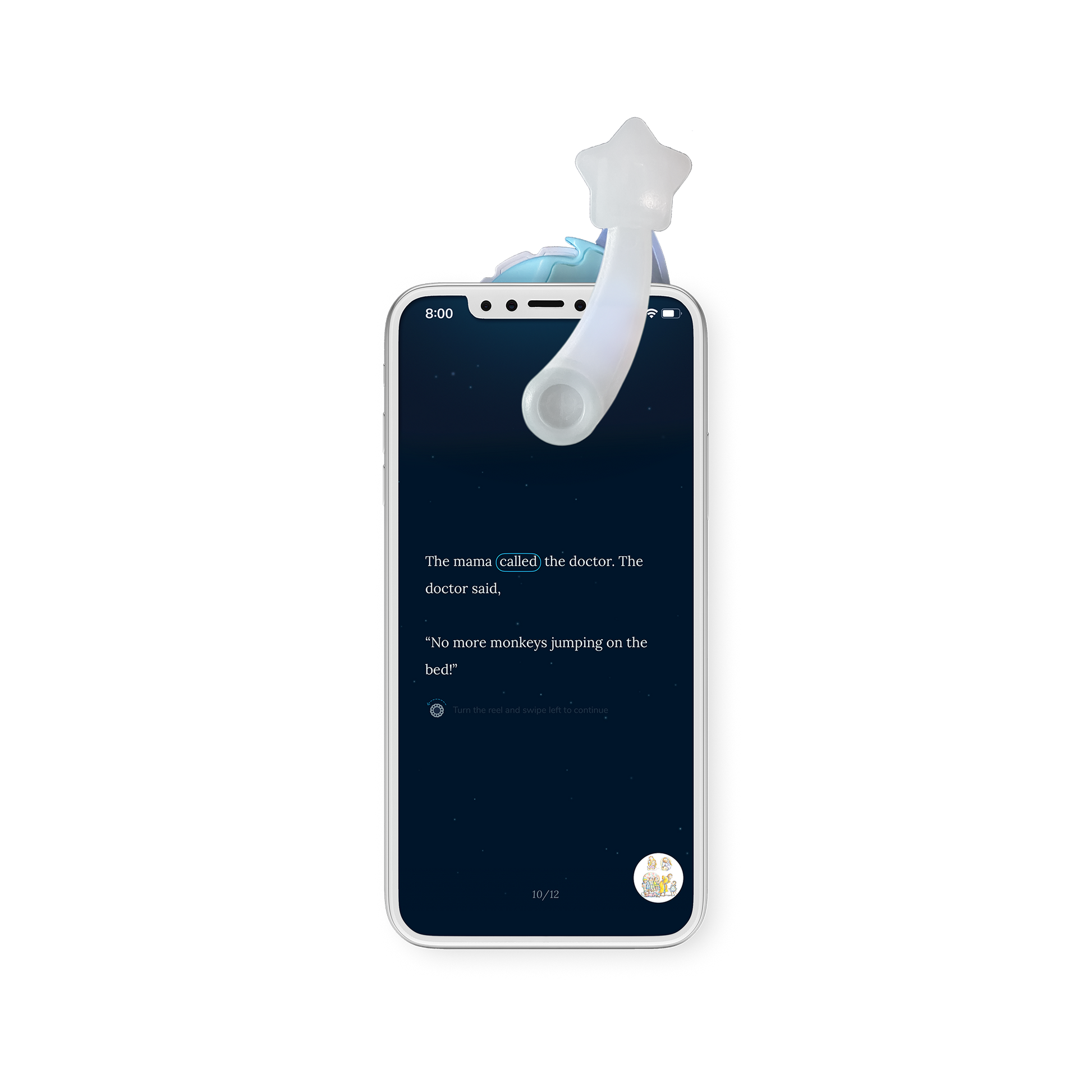 Phone displaying the Moonlite Storytime App story screen.