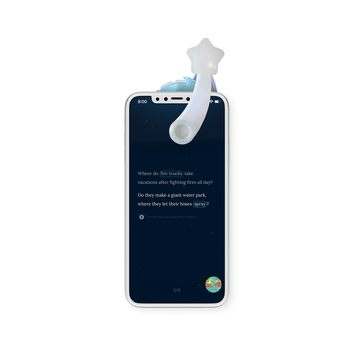 Phone displaying the Moonlite Storytime App story screen.
