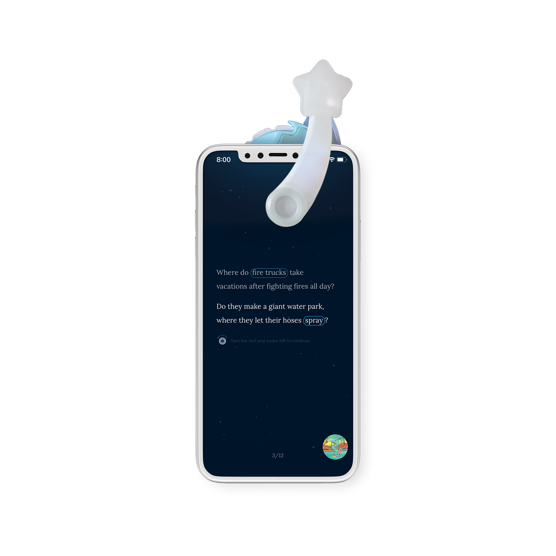 Phone displaying the Moonlite Storytime App story screen.