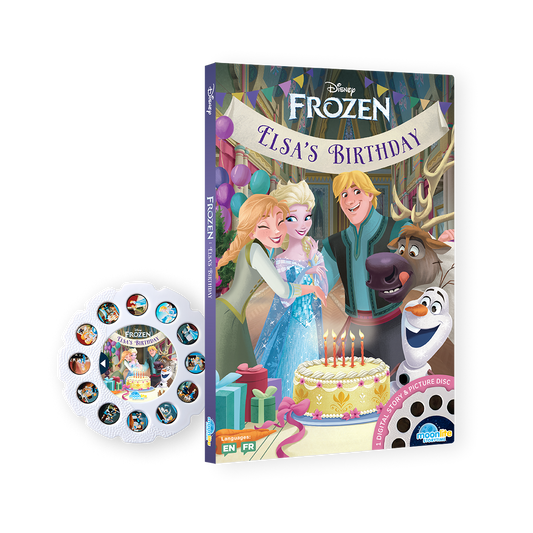 Disney Frozen Elsa's Birthday Moonlite Single Story featuring animated characters Elsa, Anna, and Olaf from the movie Frozen, celebrating a birthday party.