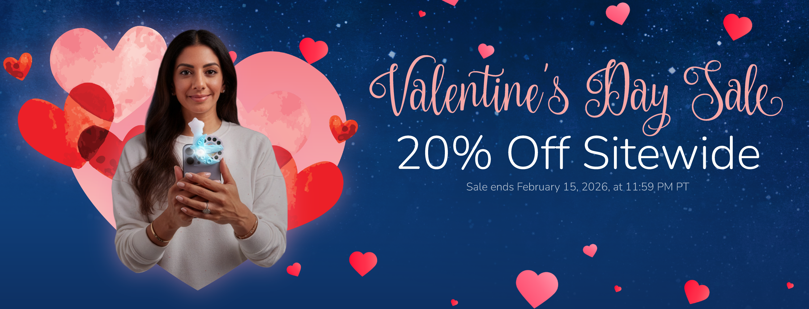 Promotional banner for 20% Off Valentine's Day Sale with a woman holding a phone & Moonlite Storytime Projector and heart graphics on a blue starry background.