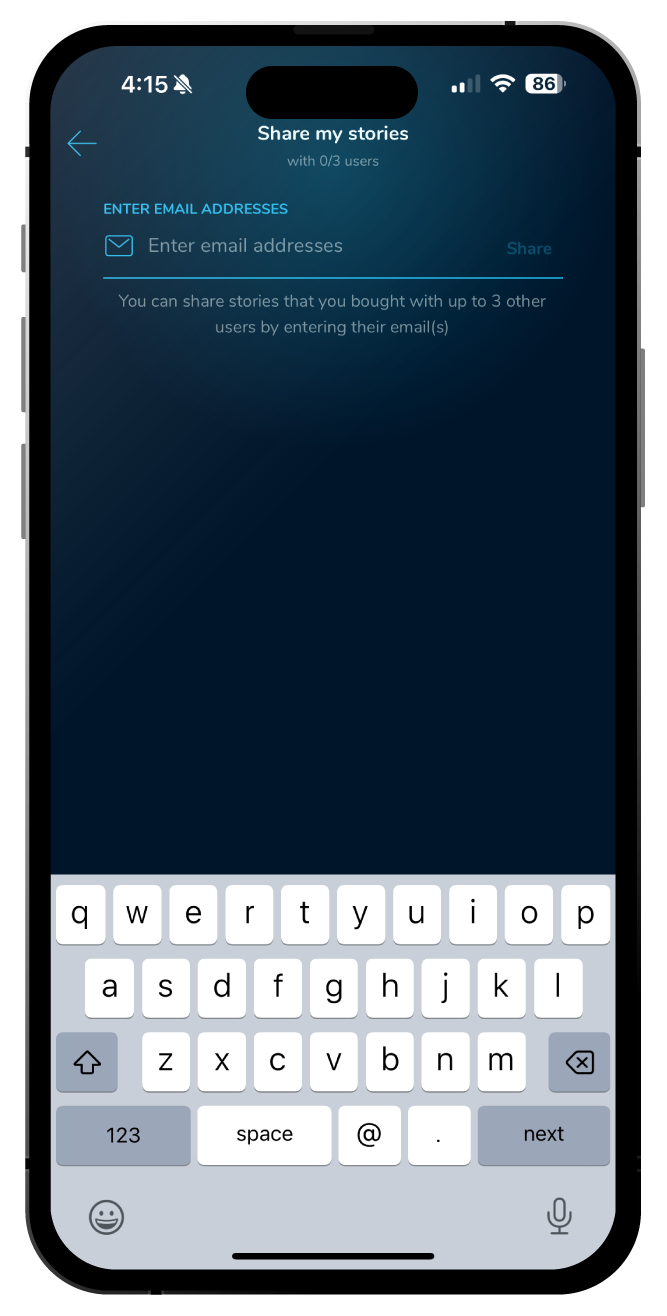 Phone screen showing a sharing stories feature with email input field.