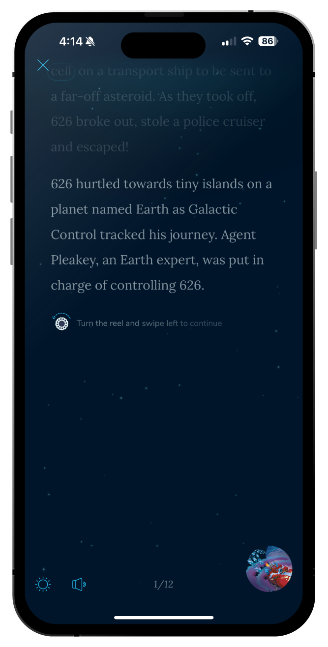 Phone screen displaying a Moonlite story with a dark blue background