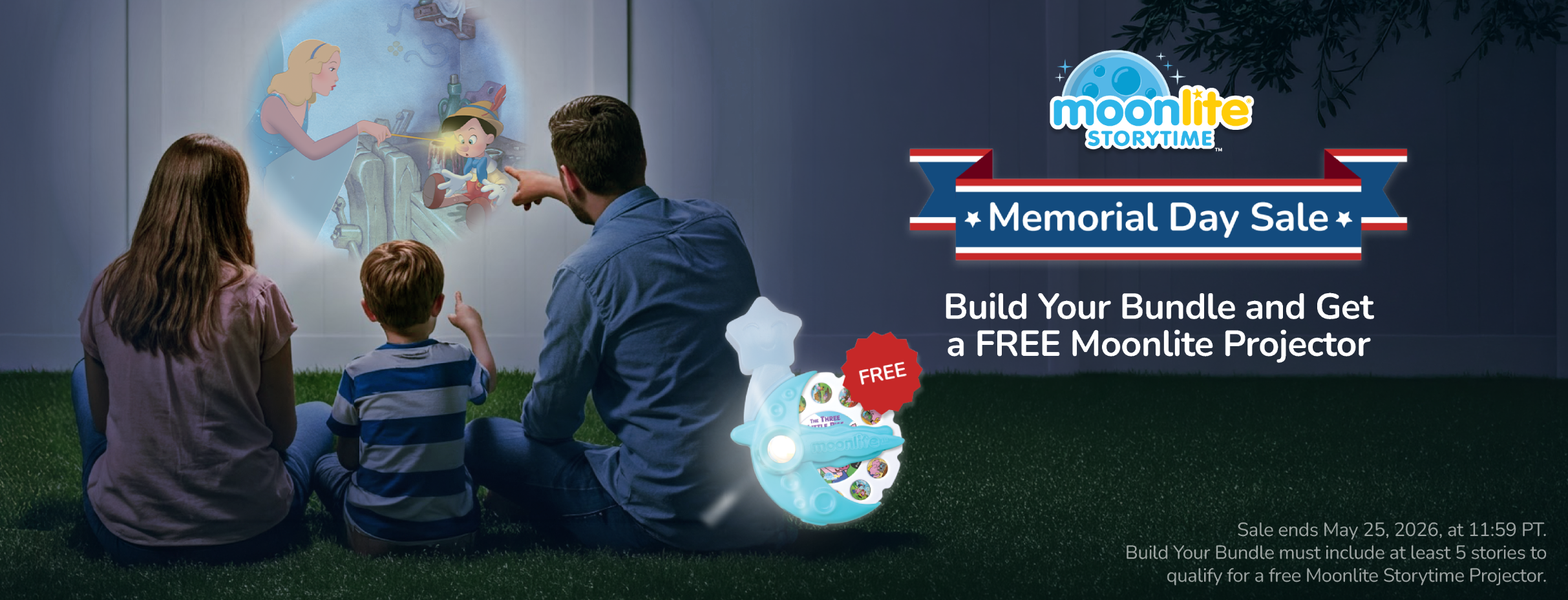 Family sitting on grass in front of a screen displaying a cartoon, with Moonlite Projector branding and Memorial Day Sale text.