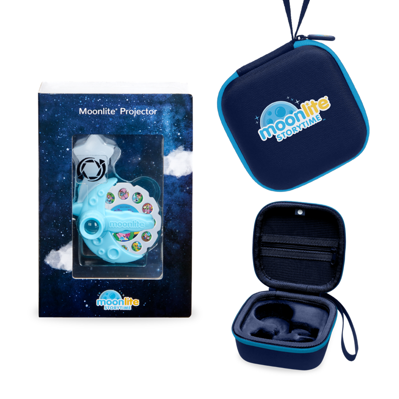 Moonlite Projector set shown with its retail box, a closed zippered carrying case, and an open case displaying the interior.