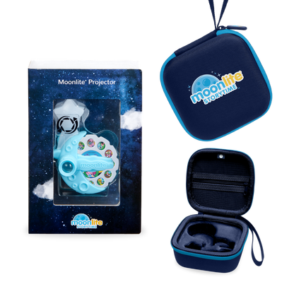 Moonlite Projector set shown with its retail box, a closed zippered carrying case, and an open case displaying the interior.