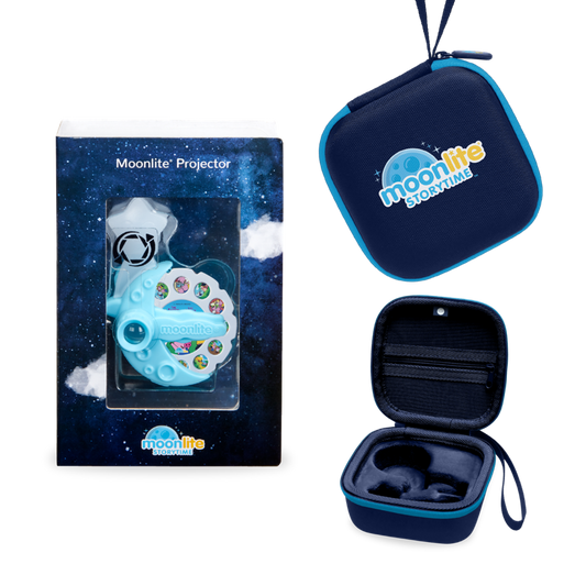 Moonlite Projector set shown with its retail box, a closed zippered carrying case, and an open case displaying the interior.