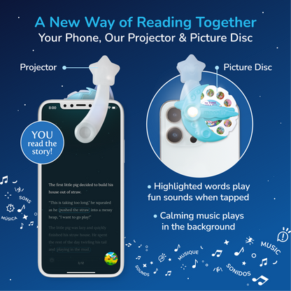 Product advertisement for a device that combines a phone, projector, and picture disc for a new reading experience.