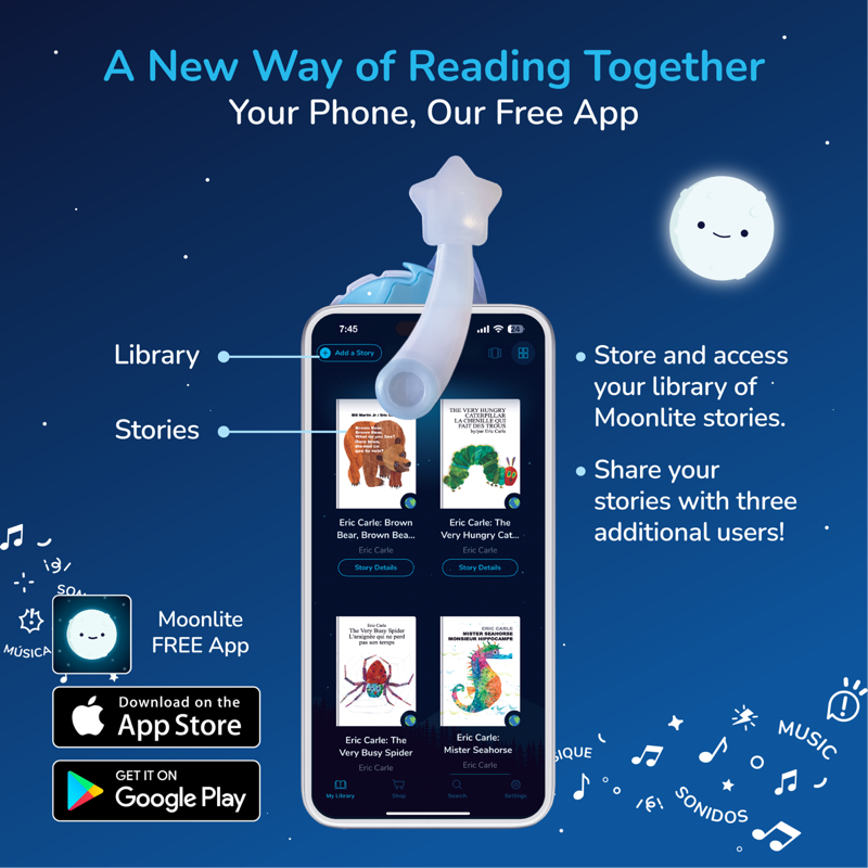 Promotional graphic for the Moonlite reading app, showing a smartphone with the app interface and a floating white moon icon on a dark blue starry background. Text explains that the phone, our free app, and library and stories features, with app store badges for Apple and Google Play.