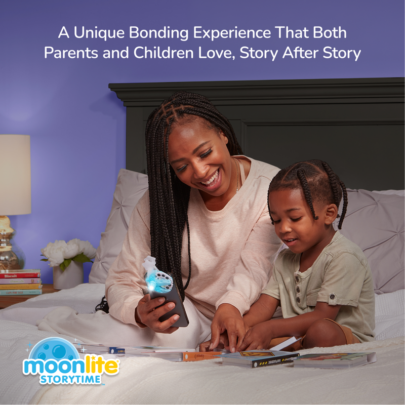 A woman and a young child sitting together on a bed using a MoonLite Storytime device, with a purple-blue bedroom background and promotional text at the top.